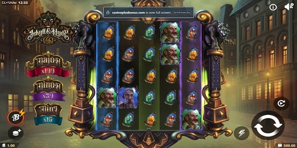 Jekyll & Hyde Co. Slot Game | Elysium Studios – Weekly Review Jekyll & Hyde Co. slot reels showing potion-jar symbols and Victorian character portraits, framed by gargoyle statues against a foggy London street backdrop.