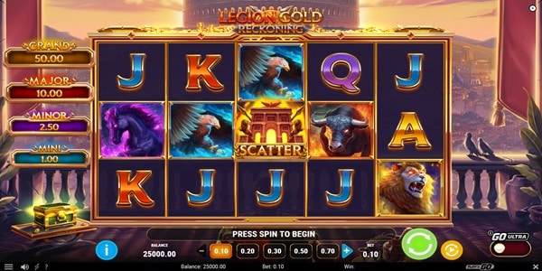 Legion Gold Reckoning Slot Game | Play'n GO – Weekly Review Legion Gold Reckoning slot reels with eagle, stallion, bull and lion symbols alongside card royals, framed by a Roman skyline at sunset.