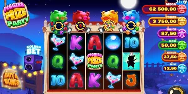 Piggies Prize Party Slot Game | Reflex Gaming – Weekly Review Piggies Prize Party slot reels with four coloured pigs above the playing card and disco-themed symbols, set against a night-time party backdrop.