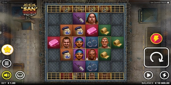 San Quentin Manhunt Slot Game | Nolimit City – Weekly Review San Quentin Manhunt slot reels viewed from above a prison yard, with inmate character portraits and contraband symbols including soap, jars and handcuffs.