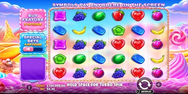 Sweet Bonanza 2500 Slot Game | Pragmatic Play – Weekly Review Sweet Bonanza 2500 slot reels filled with candy and fruit symbols including grapes, banana, apple and heart-shaped jellies, set against a candy land backdrop.