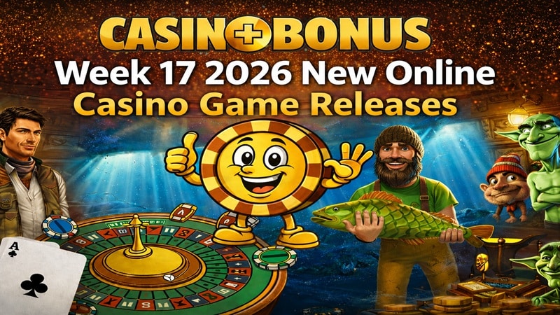 Casinoplusbonus Week 17 – April 2026 New Online Casino Games Review Casinoplusbonus Week 17 2026 new online casino game releases banner featuring a roulette table, casino chip mascot, fisherman holding a fish, dragon, and stacks of gold coins.