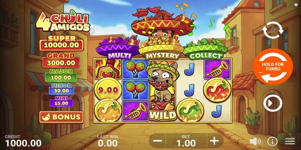4 Chili Amigos slot reels with chilli pepper, maracas, and Chihuahua wild symbols and a five-tier jackpot ladder.