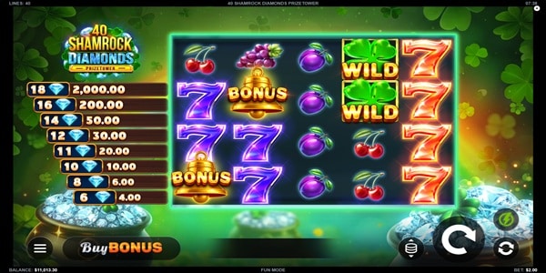 40 Shamrock Diamonds PrizeTower slot reels with red and purple 7s, fruit symbols, WILD shamrocks, and BONUS bells, alongside a diamond prize tower listing payout values.