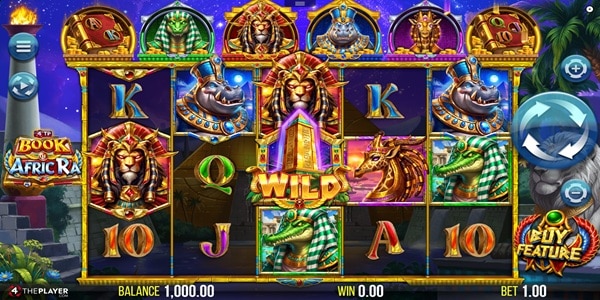 4TP Book of AfricRa reels with animal-headed pharaoh symbols and a centre Wild, beneath six symbol-collection pots and Grand, Major, Minor and Mini jackpot tiles.