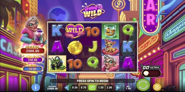 Granny’s Wild Slot Game | Play’n GO – Weekly Review Granny's Wild slot 5x3 reels with Wild heart, coin, chihuahua, and card symbols on a neon city street background