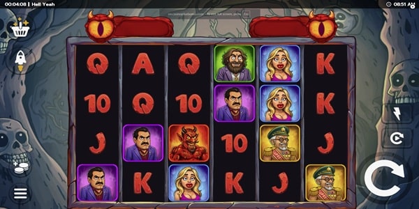 Hell Yeah slot reels showing cartoon character symbols and a devil symbol against a skull-lined cave backdrop.