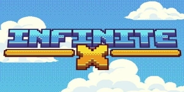 Infinite X logo in retro pixel-art style with blue sky and white clouds background