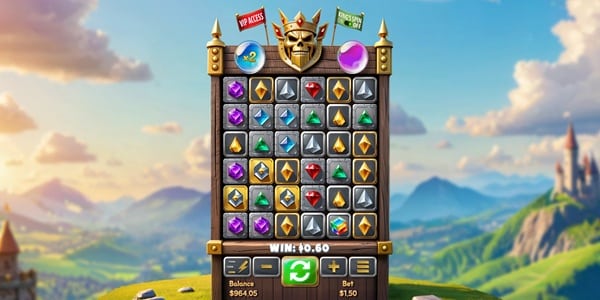 Skull King's Treasure Slot Game | Million Games – Weekly Review A vibrant online slot game interface titled Skull King’s Treasure, showing a fantasy-style reel grid filled with colorful gem symbols (purple, red, green, blue, gold, and silver) framed by a golden skull-themed top panel.
