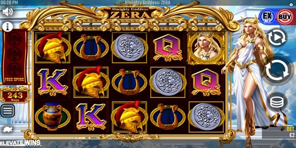 Almighty Goddess: ZERA slot reels by WinFast, showing a 5x3 Greek mythology grid with symbols including a Spartan helmet, lyre, Medusa coin, and amphora, with the goddess Zera character alongside a temple backdrop.