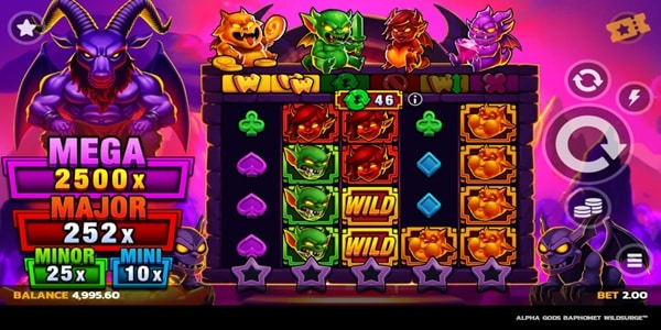 Alpha Gods Baphomet slot reels showing red, green and orange demon symbols with two Wilds, a four-tier jackpot ladder (Mega, Major, Minor, Mini), and the Baphomet character to the left of the grid.