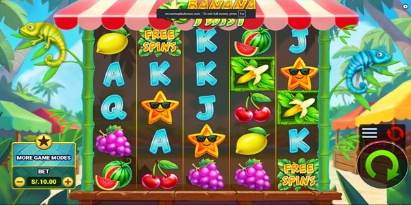 Banana Twist slot reels showing fruit and star symbols with Free Spins text on a bamboo frame.