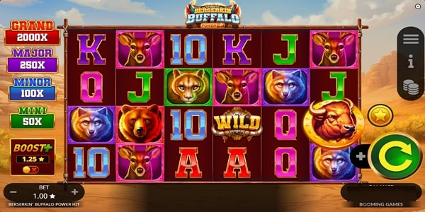 Berserkin' Buffalo Power Hit slot reels with buffalo, bear, wolf, cougar and deer symbols, a central Wild, and a jackpot ladder showing Grand, Major, Minor and Mini prizes against a prairie backdrop.