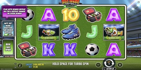 Big Bass Football Bonanza Slot Game | Pragmatic Play – Weekly Review Big Bass Football Bonanza slot reels with football boots, a kit bag, fish money symbols, and letter symbols on a green pitch.
