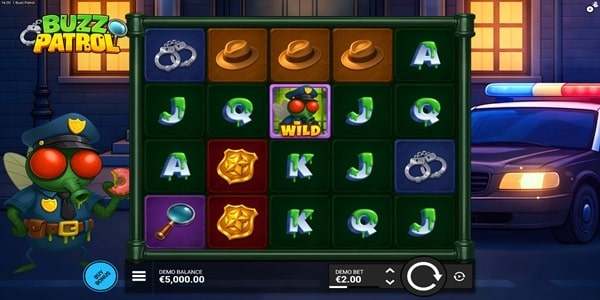 Buzz Patrol Slot Game | Bullshark Games – Weekly Review Buzz Patrol slot features screen showing Mini Game, Instant Win Symbol, and 10000x max win panels with medium volatility rating