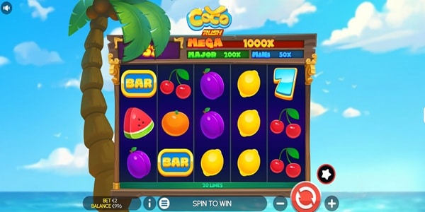 Coco Rush slot reels showing fruit, BAR, and 7 symbols on a tropical beach backdrop, with MEGA, MAJOR, and MINI jackpot tiers above.