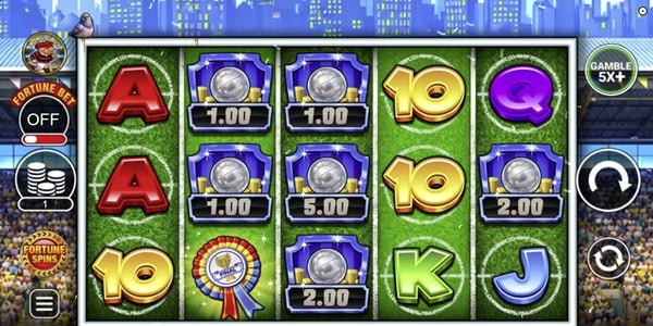 Cops ‘n' Robbers Bigger Big Money Soccer Slot Game | Inspired – Weekly Review Cops 'n' Robbers Bigger Big Money Soccer slot reels showing soccer ball cash symbols, letter tiles and a rosette on a green pitch background.