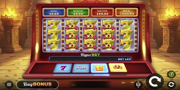Crown Triumph 7s Hold and Win slot reels showing golden 7s and x3 multiplier symbols, with Mini, Minor, Major and Maxi jackpot tiers displayed above and a Buy Bonus option below.