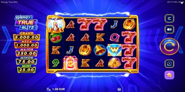 Energy True Blitz Slot Game | Truelab – Weekly Review Energy True Blitz slot reels with red 7s, card royals, and Wild Multiplier symbol on a blue lightning background, jackpot ladder on the left showing Grand, Mega, Major, Minor, and Mini values