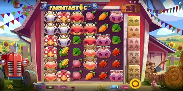 Farmtastic slot reels showing cow, pig, chicken, carrot and corn symbols inside a red barn frame.