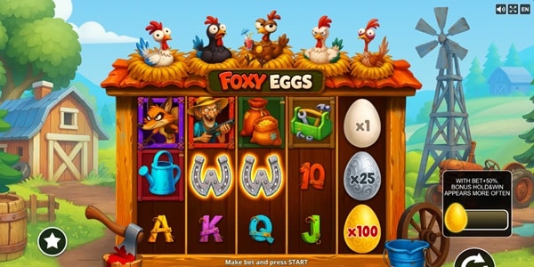 Foxy Eggs Slot Game | Belatra – Weekly Review Foxy Eggs slot reels showing wild horseshoes, letter symbols, and egg multipliers in a sunny cartoon farmyard setting with chickens perched above.