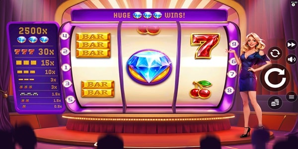 Gemstone Jam 3x3 slot reels with bar, diamond, red seven, and cherry symbols on a game-show stage backdrop.