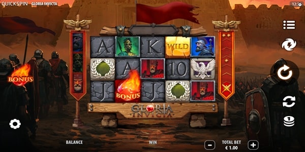 Gloria Invicta slot reels showing Roman-themed symbols including a cracked-stone Wild, flaming Bonus, centurion characters and laurel wreaths, framed by red Roman banners and a desert fortress backdrop