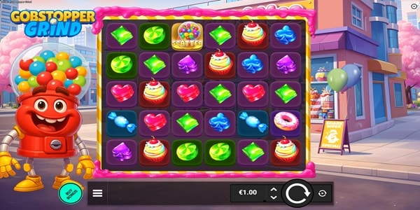Gobstopper Grind slot reels by Bullshark Games, showing a 5x5 candy-themed grid with sweet symbols including cupcakes, hearts, and wrapped candies, with a gumball machine mascot on a candy shop street backdrop.