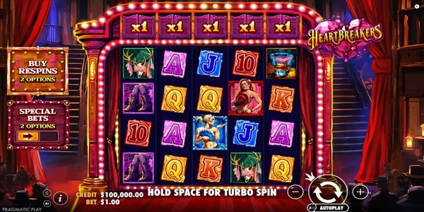 Heartbreakers slot reels with x1 multipliers on saloon doors above each column, burlesque performer and whiskey glass symbols, and Buy Respins and Special Bets side panels set against a Wild West theatre backdrop.