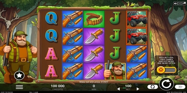 Hunt the Bucks slot reels by Belatra, featuring hunting-themed symbols including a rifle, combat knife, and Jeep on a forest backdrop.