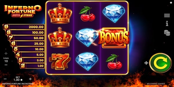 Inferno Fortune InstaStrike 3x3 base game showing crowns, cherries, blue diamonds and a Bonus symbol, with the InstaStrike payout table on the left.