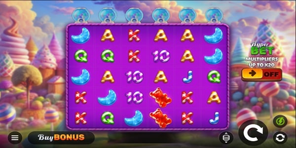 Jelly Dream Burst by Kalamba — reels and Hyper Bet feature Jelly Dream Burst slot reels showing gummy bear symbols, jelly moons, and the Hyper Bet multiplier feature up to x20