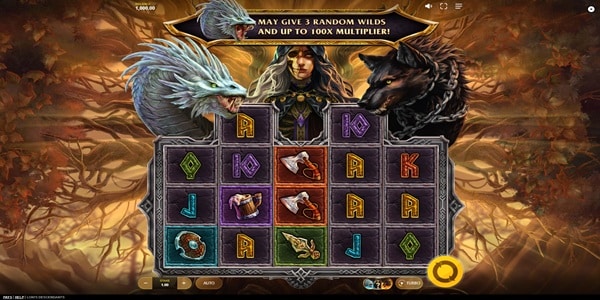 Loki's Descendants slot reels with rune and weapon symbols, framed by a serpent, hooded skull-faced figure and chained wolf, beneath a banner offering 3 random wilds and up to 100x multiplier.