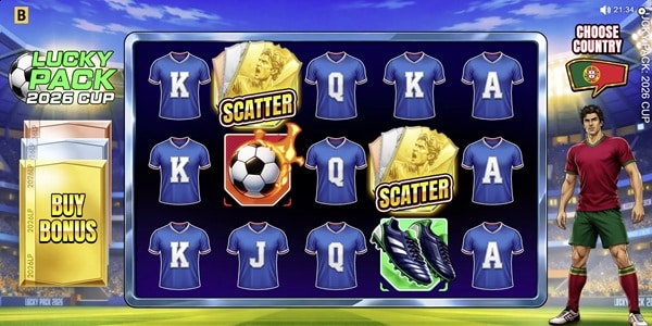 Lucky Pack 2026 Cup Slot Game | BGaming – Weekly Review Lucky Pack 2026 Cup slot reels showing blue shirt symbols, a flaming football, boots and golden scatter cards with a footballer avatar beside the grid.