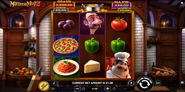 Mamma Mia 2 slot reels by Betsoft showing Italian food symbols including pizza, spaghetti, and vegetables alongside chef character symbols and a four-tier jackpot display