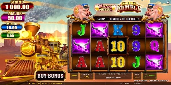 Piggy Prizes Railroad Rumble slot reels with royal card symbols and purple bull skulls against a Wild West desert backdrop, with GRAND, MAJOR, MINOR, and MINI jackpot tiers on the left.