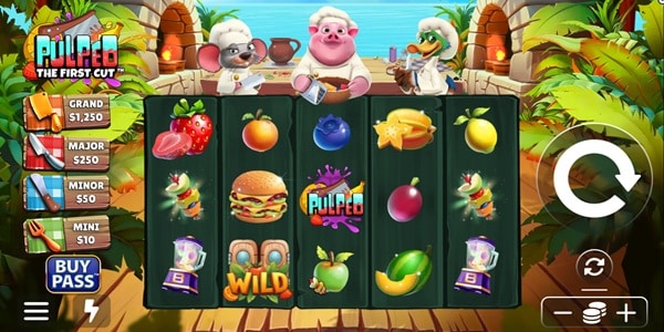 Pulped: The First Cut Slot Game | Light & Wonder – Weekly Review Pulped The First Cut slot reels with cartoon mouse, pig, and duck chef characters above a 5x3 grid of fruit and burger symbols, jackpot ladder showing Grand, Major, Minor, and Mini prizes on the left