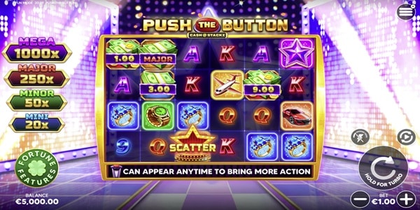 Push the Button Cash Stackz slot reels showing cash bundle symbols with values, card royals, and the Mega, Major, Minor and Mini jackpot ladder.
