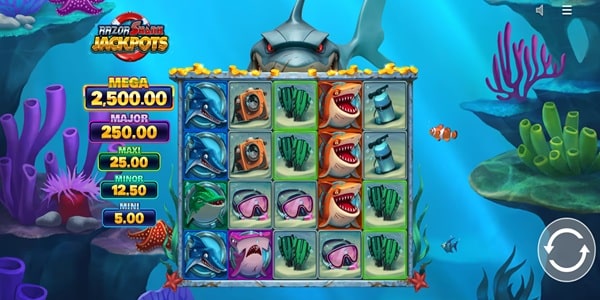 Razor Shark Jackpots slot gameplay with shark and diving-gear symbols on the reels