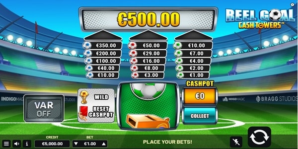 Reel Goal Cash Towers slot showing three prize towers of football symbols with cash values up to &euro;500 against a stadium background.