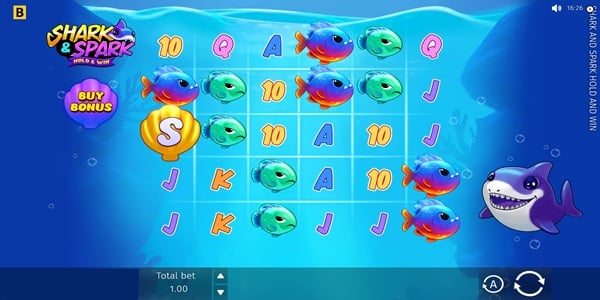 Shark & Spark Hold & Win Slot Game | BGaming – Weekly Review Shark and Spark Hold and Win slot 5x5 reels with fish symbols, card values, and Little Shark character beside the grid