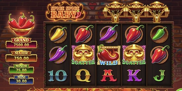 Spice Spice Baby slot reels with chilli pepper symbols, WILD and SCATTER icons, and royal cards, alongside GRAND, MAJOR, MINOR, and MINI jackpot tiers.