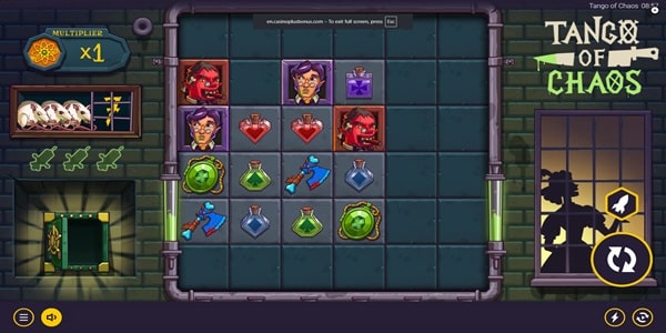 Tango of Chaos slot reels by Peter & Sons showing character and potion symbols on a 6&times;6 grid with a multiplier counter