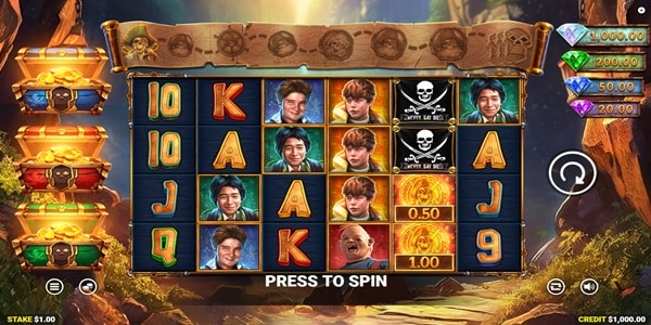 The Goonies Quest for Treasure III Slot Game | Blueprint Gaming – Weekly Review The Goonies Quest for Treasure III slot reels featuring Goonies character symbols, a pirate flag, royal card values, and a four-tier gem jackpot ladder displayed alongside stacked treasure chests