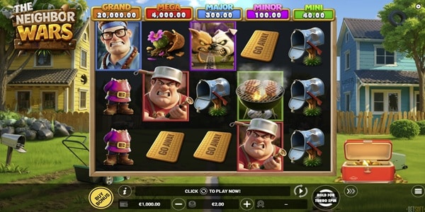 The Neighbor Wars slot reels showing stacked Wild symbols and a five-tier jackpot ladder above the playing field.