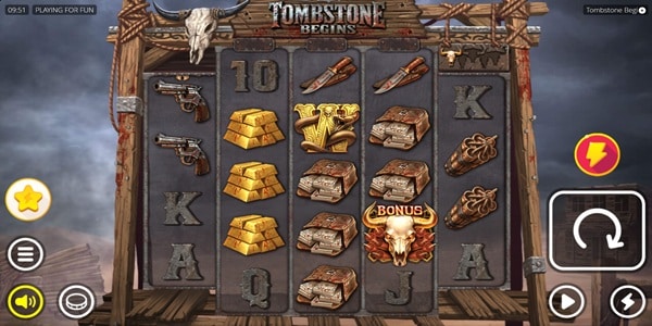 Tombstone Begins slot reels showing Western-themed symbols including revolvers, gold bars, dynamite, and a steer skull Bonus icon.