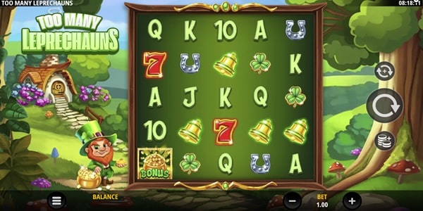Too Many Leprechauns slot reels showing shamrock, horseshoe, bell, red seven, and letter symbols on a green chalkboard grid with a leprechaun beside a cottage.