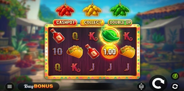 Triple Spicy Hold and Win slot reels showing taco, hot sauce, chilli pepper and royal symbols with Cashpot, Collect and Double Up buttons above.