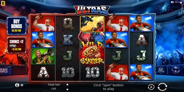 Ultras by BGaming slot reels showing football-themed character symbols and a scatter icon.