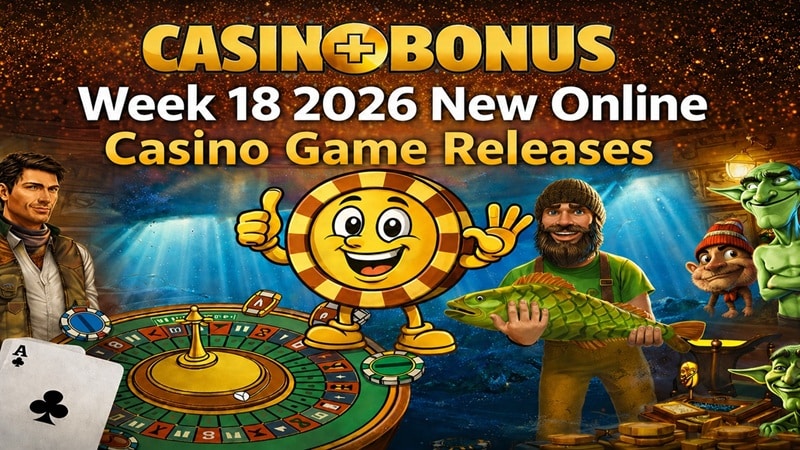 Casinoplusbonus Week 18 2026 new online casino game releases banner featuring a roulette table, casino chip mascot, fisherman holding a fish, dragon, and stacks of gold coins.